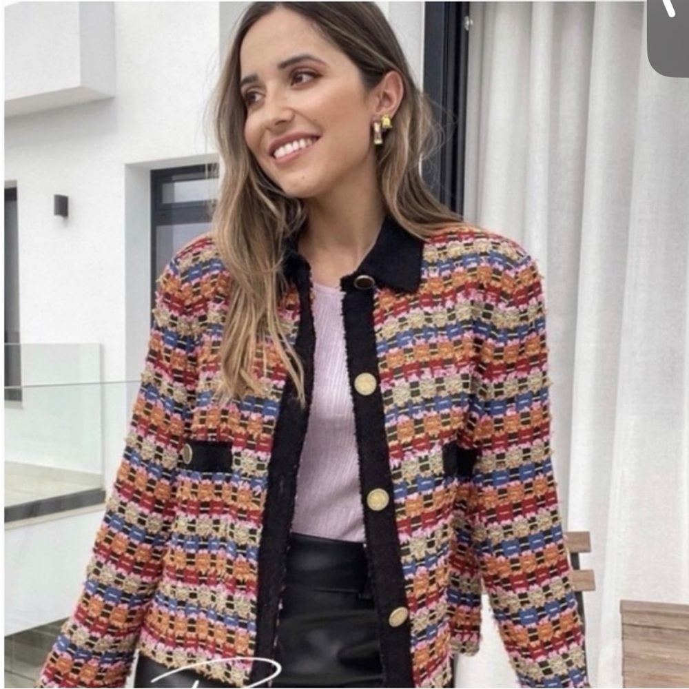 NWT Zara Colorful Tweed Blazer with Black Trim